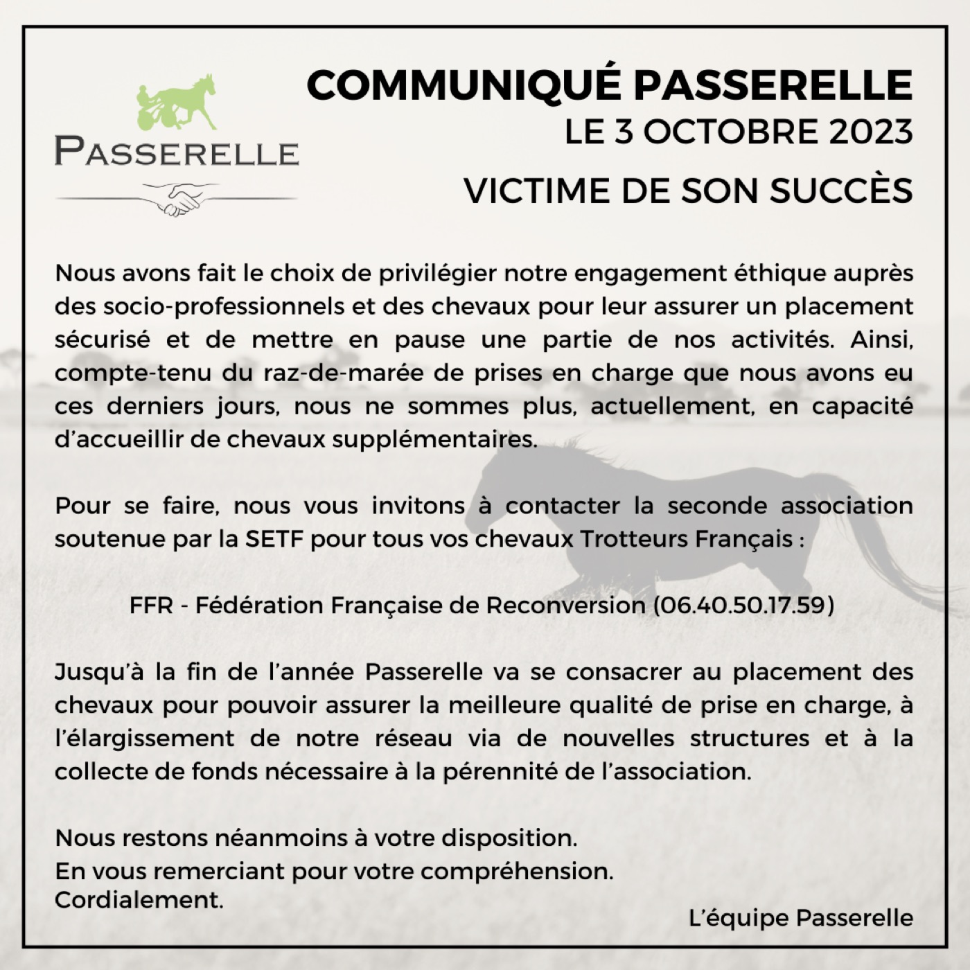 COMMUNIQUÉ PASSERELLE : VICTIME DE SON SUCCÈS